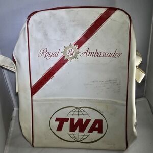 Vintage 60s TWA Royal Ambassador White Vinyl Flight Bag Mid Century Modern *READ